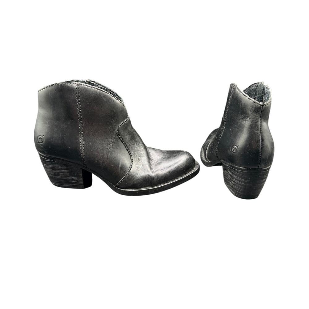 Born Black Leather Ankle Booties Side Zip Block Heel Women’s 7